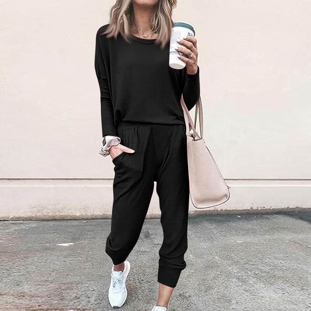 Sets For Women 2 Piece Round Neck Long Sleeve Shirts Colid Sweatpants Pocket Sets