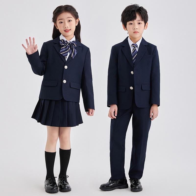 Spring/Summer Kids' British College Style Navy Blue Kindergarten Uniform Set for Performances
