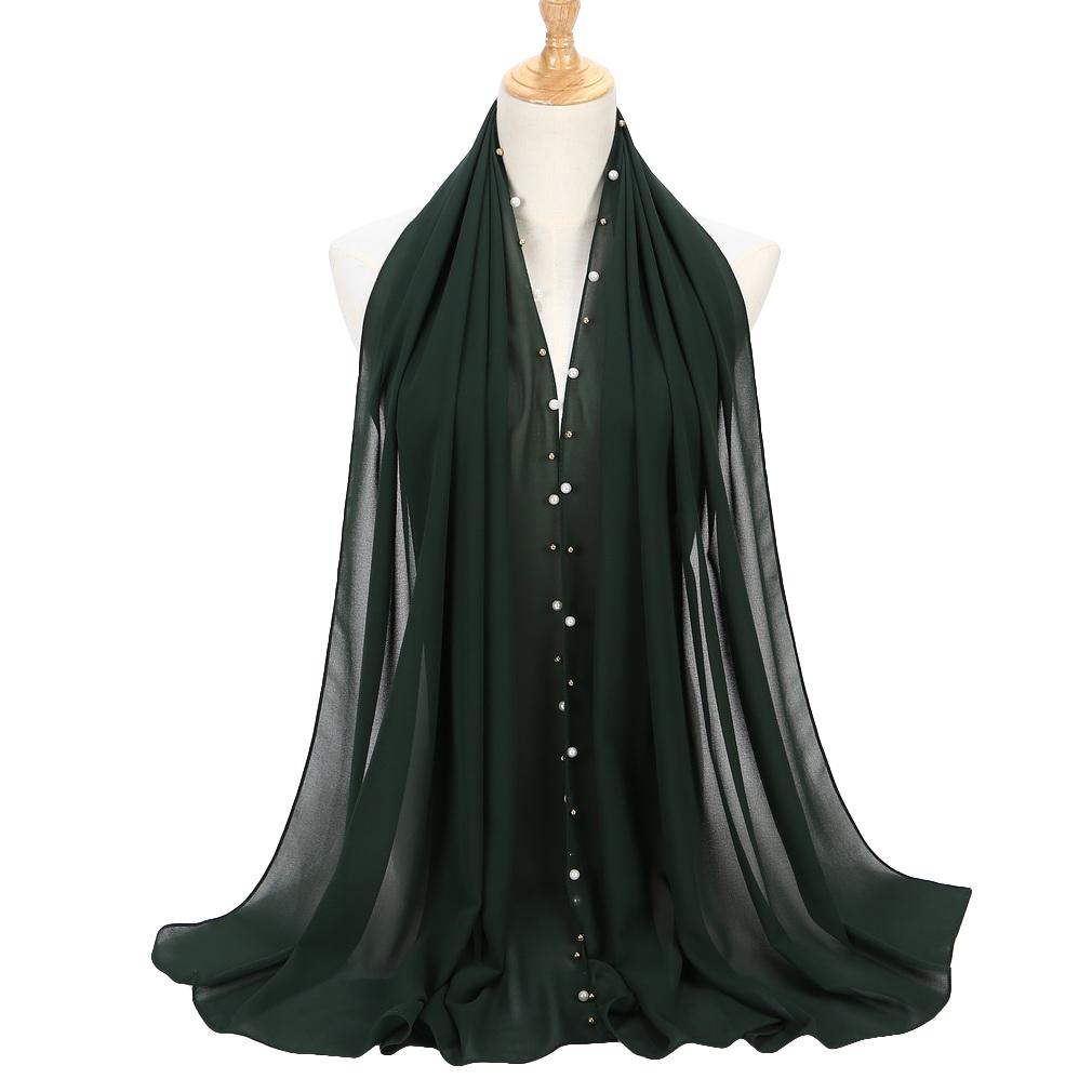 Women's Solid Chiffon Pearl Scarf, Elegant Beaded Hijab Shawl, Muslim Headscarf for Daily/Party