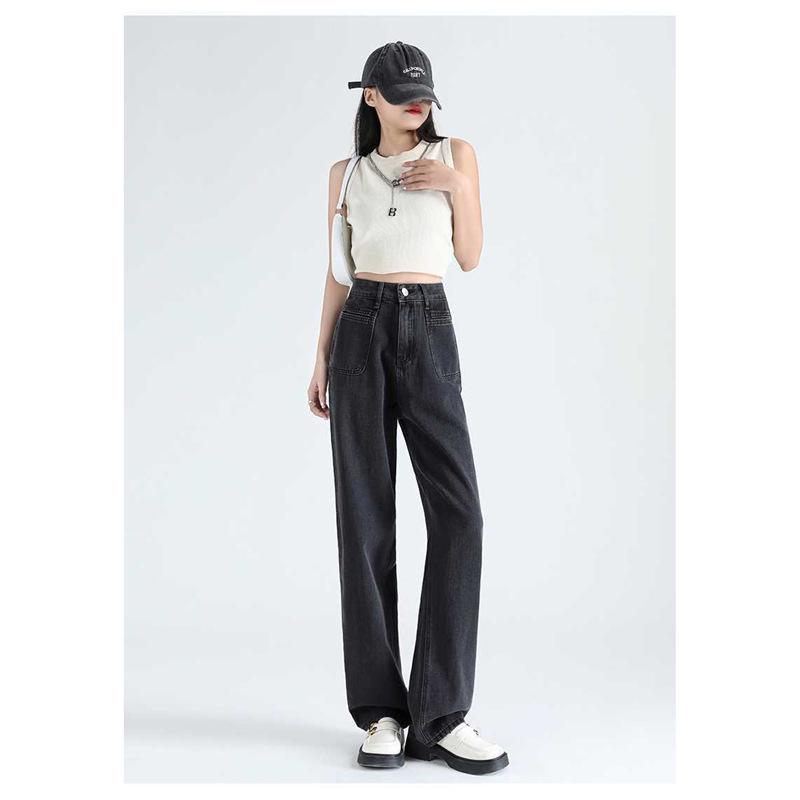 

High-Waisted Cement Denim Flocked Wide-Leg Pants - Autumn/Winter 2025 Slimming Loose Fit by Meilade L