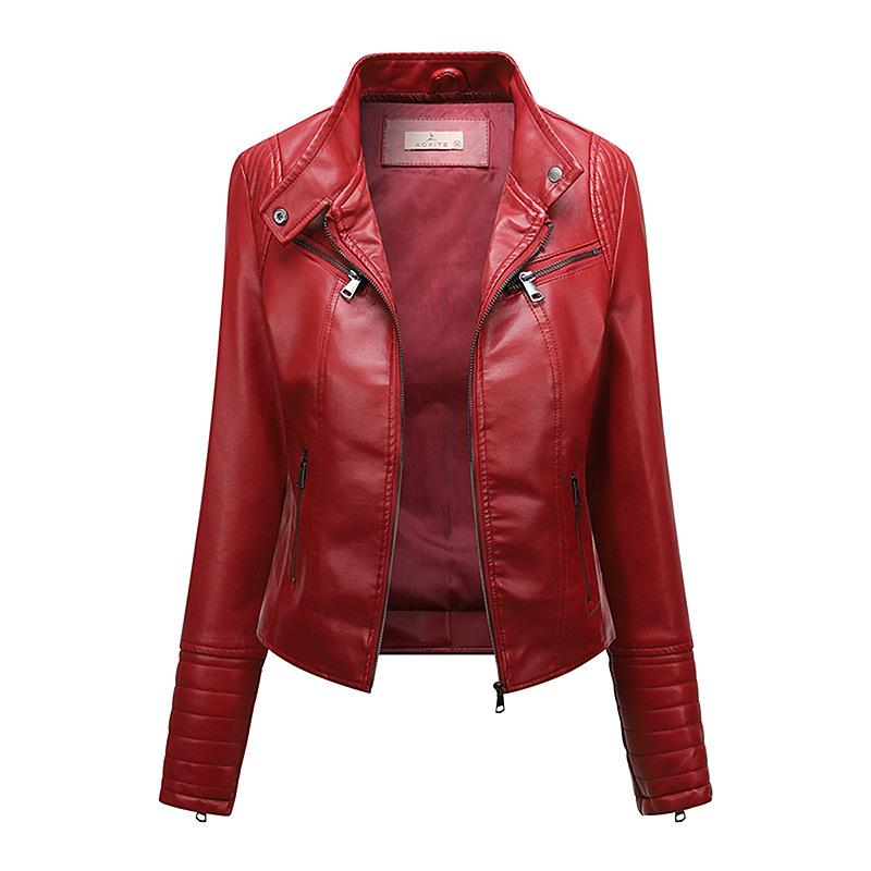 Cross-border European and American style slim-fit short PU leather jacket women's locomotive jacket stand-up collar zipper fashion versatile spring a