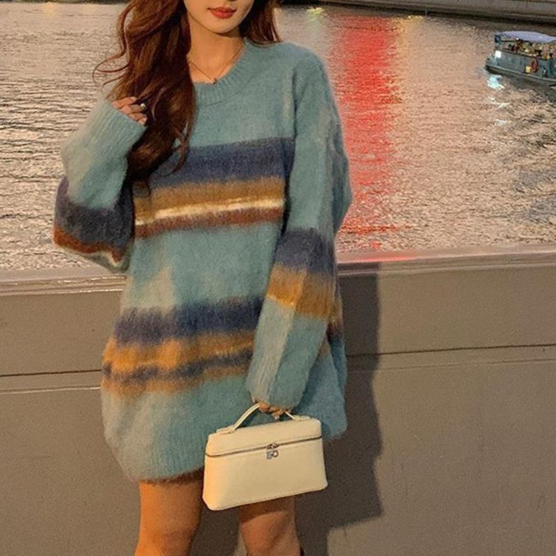 Round Neck Mohair Gradient Striped Sweater Women's Autumn and Winter New Lazy Style Mid-length Loose Knitted Top