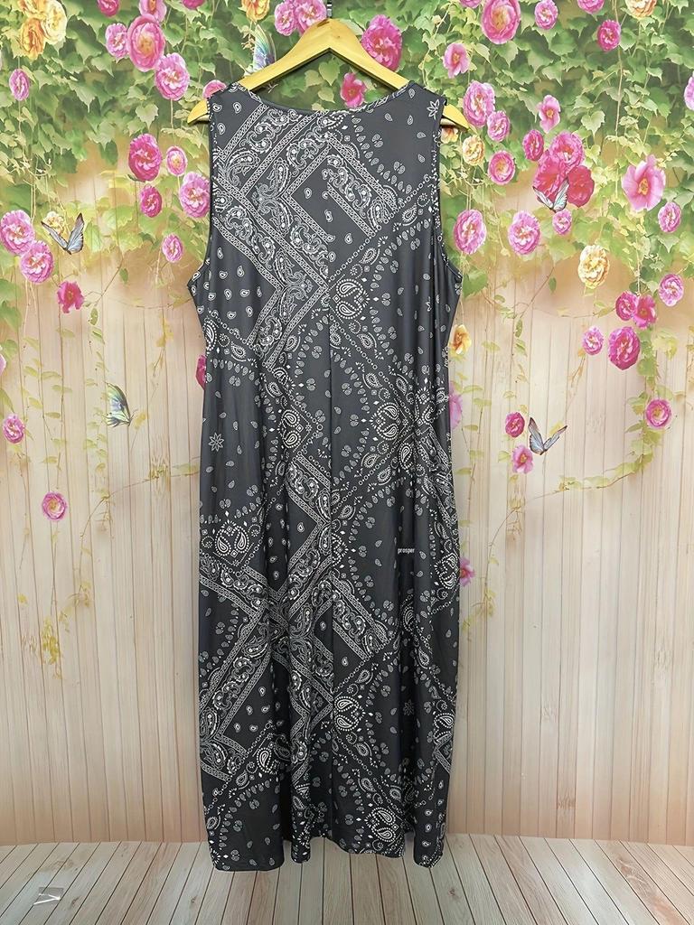 Retro Sleeveless Summer Dress with Crew Neck and Pockets – Loose Holiday Print Style