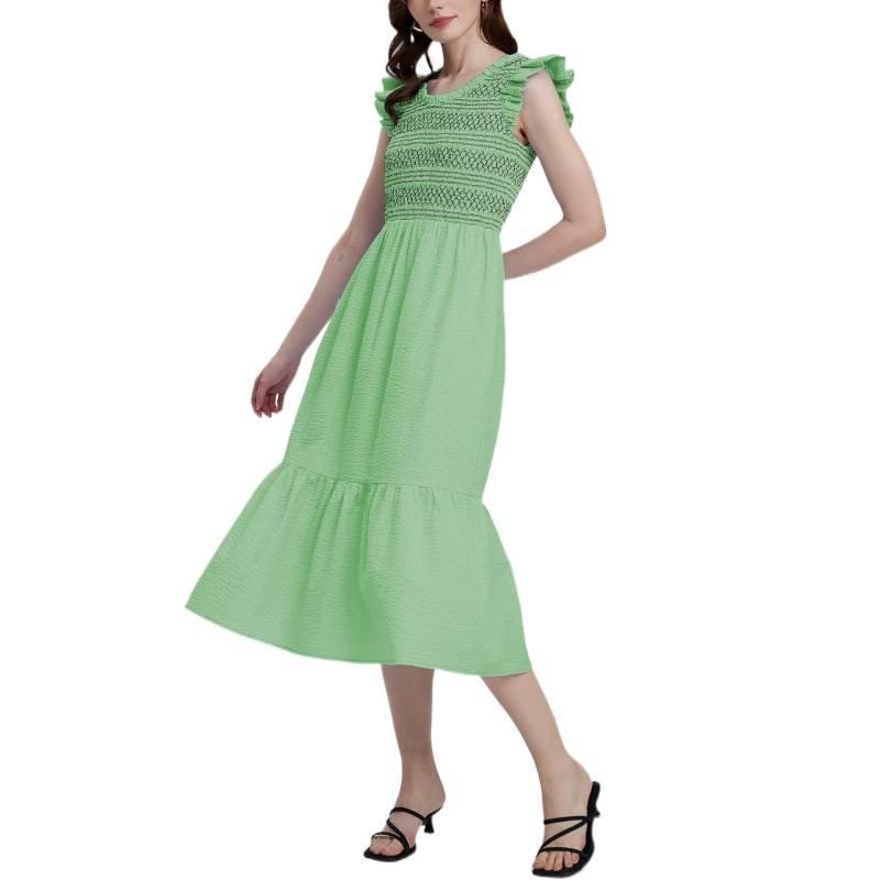 Pastoral 2026 summer embroidery pleated casual round neck high-end medium and long dress