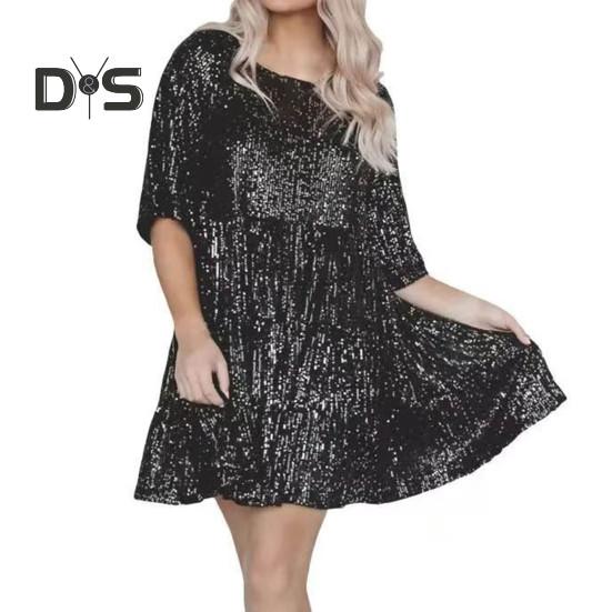 

Женское платье с блестками, А-силуэт, пэчворк, большой качели, V-образный вырез, плиссировка, круглый вырез, короткий рукав, выпускной вечер, мини-платье выше колена XL чёрный