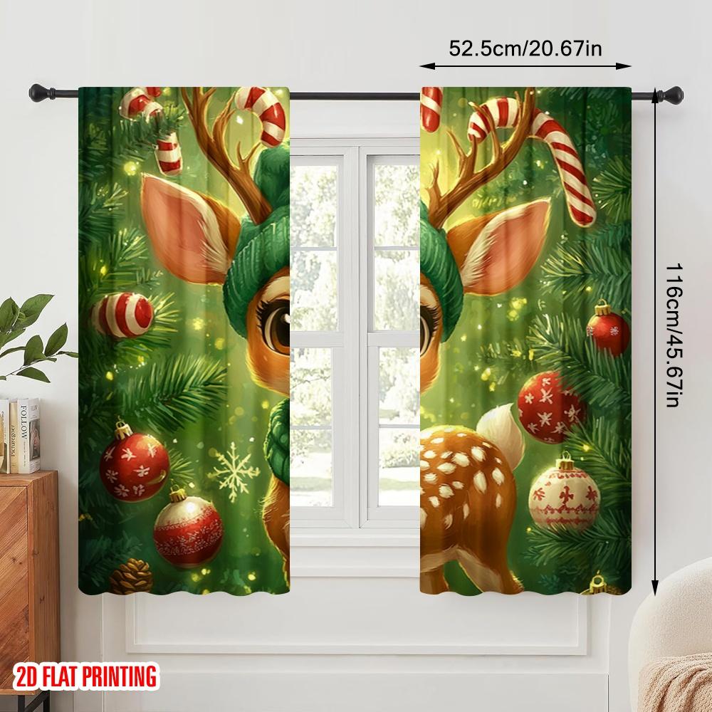 2pcs,2D plane printing Window Curtain Cute Christmas Reindeer Holiday Cheer (3) 100% Polyester (without rod) Holiday Use for
