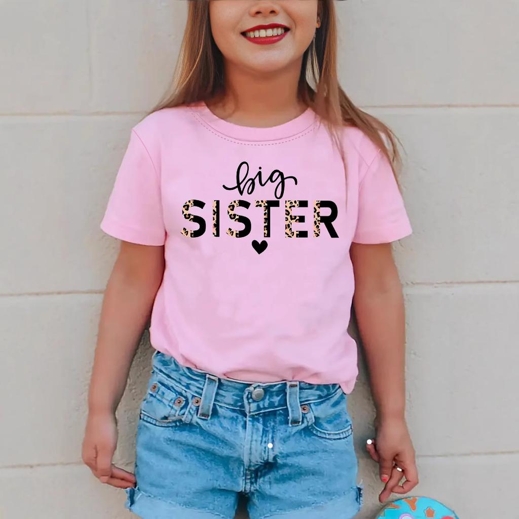 Camiseta Casual de Verão para Meninas com Estampa de Letras 'Big Sister', Moda Infantil com Manga Curta