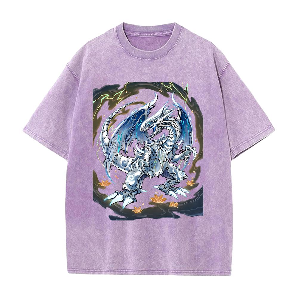 Yu-Gi-Oh! White Dragon T-shirt Summer Short Sleeve Oversized Tee Shirt Vintage Washed Cotton Tops Clothing