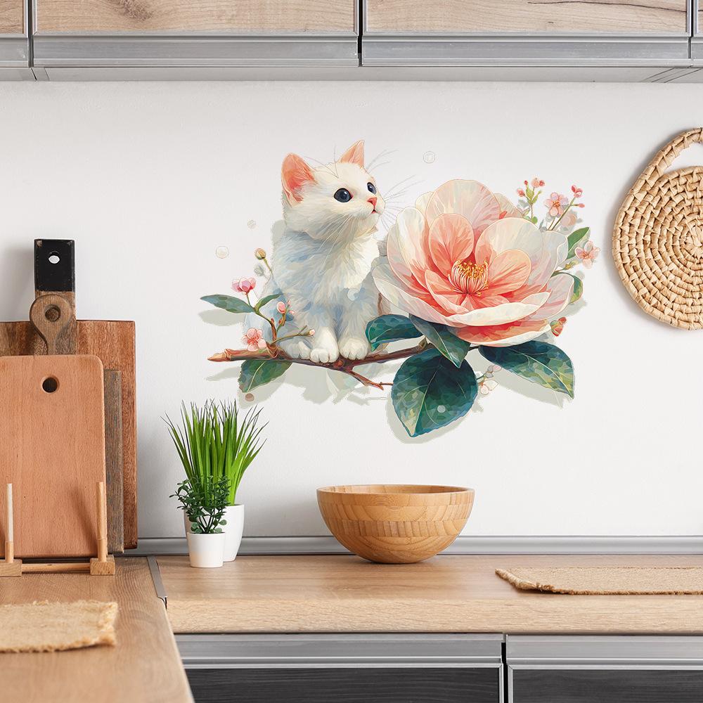 Self-adhesive Wall Stickers Cartoon Cute Cat Flowers Oil Painting Style for Kids Room Bedroom Home Decor
