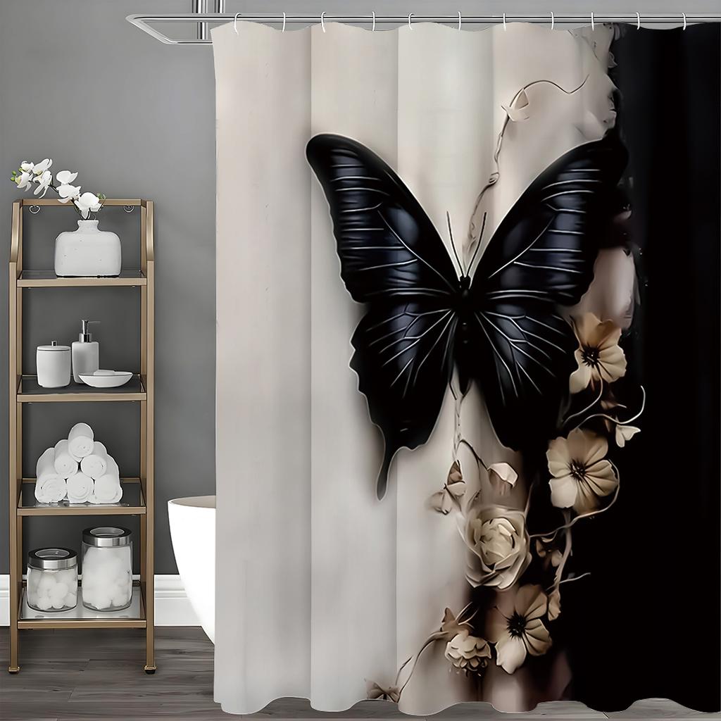 Black Bow and Floral Black and White Shower Curtain, Bathroom Decorative Shower Curtain, Waterproof Shower Curtain with Hooks