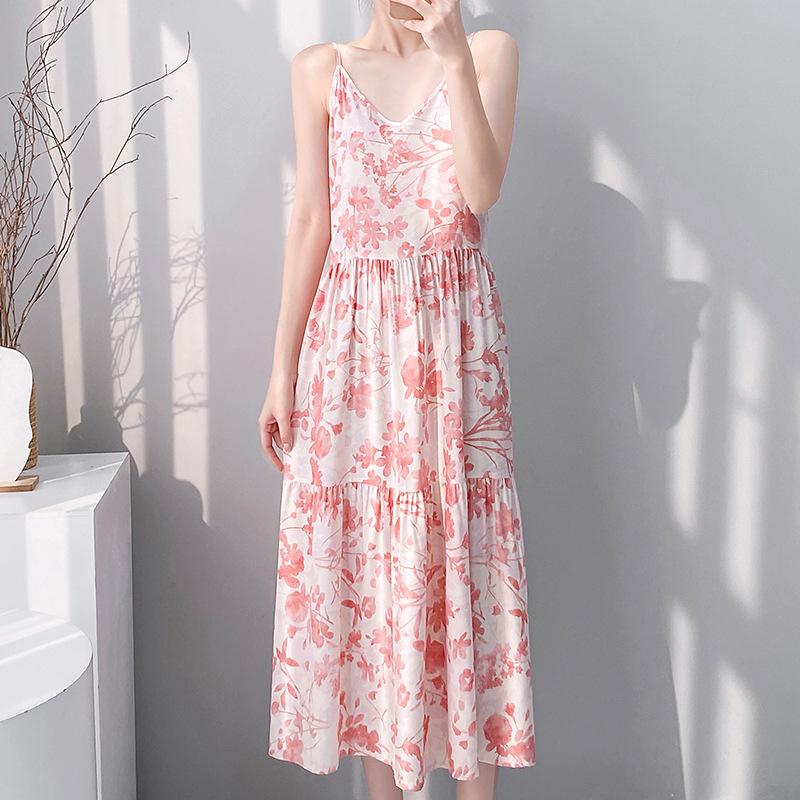 Printed women's cotton and silk nightgown large size sweet floral pajamas sleeveless loungewear summer thin can be worn outside