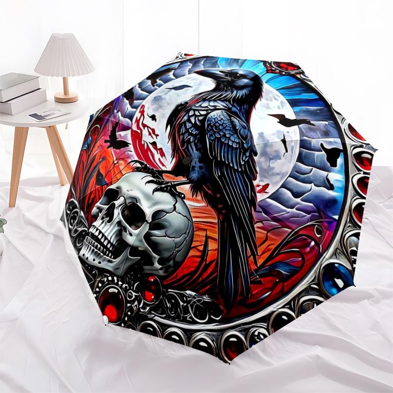 1pc Raven Moonlit Skull Artwork Umbrella with Plastic Handle,Suitable for All Seasons Home Travel Outdoor UmbrellaDD1420