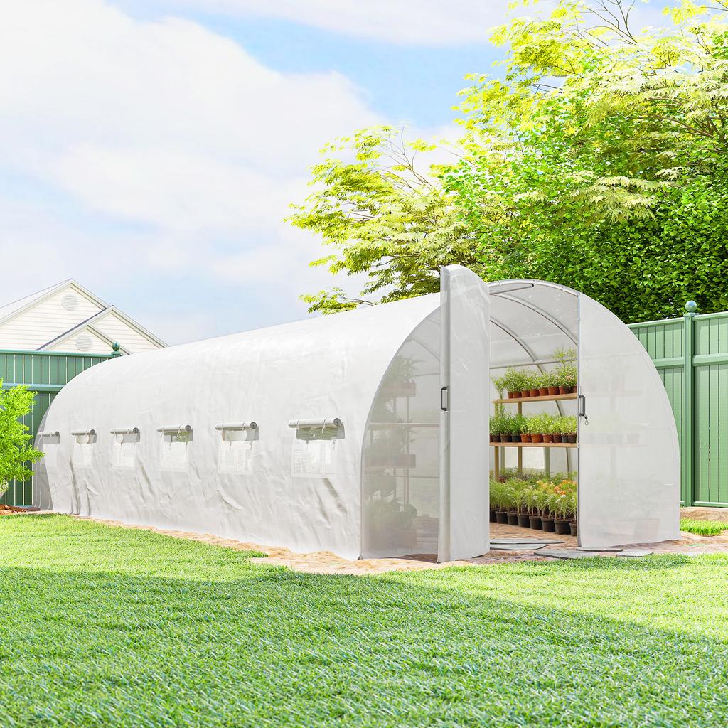 Garden tunnel greenhouse 24m², garden tunnel greenhouse with doors and 12 windows with insect screens, 295x798x199cm, white