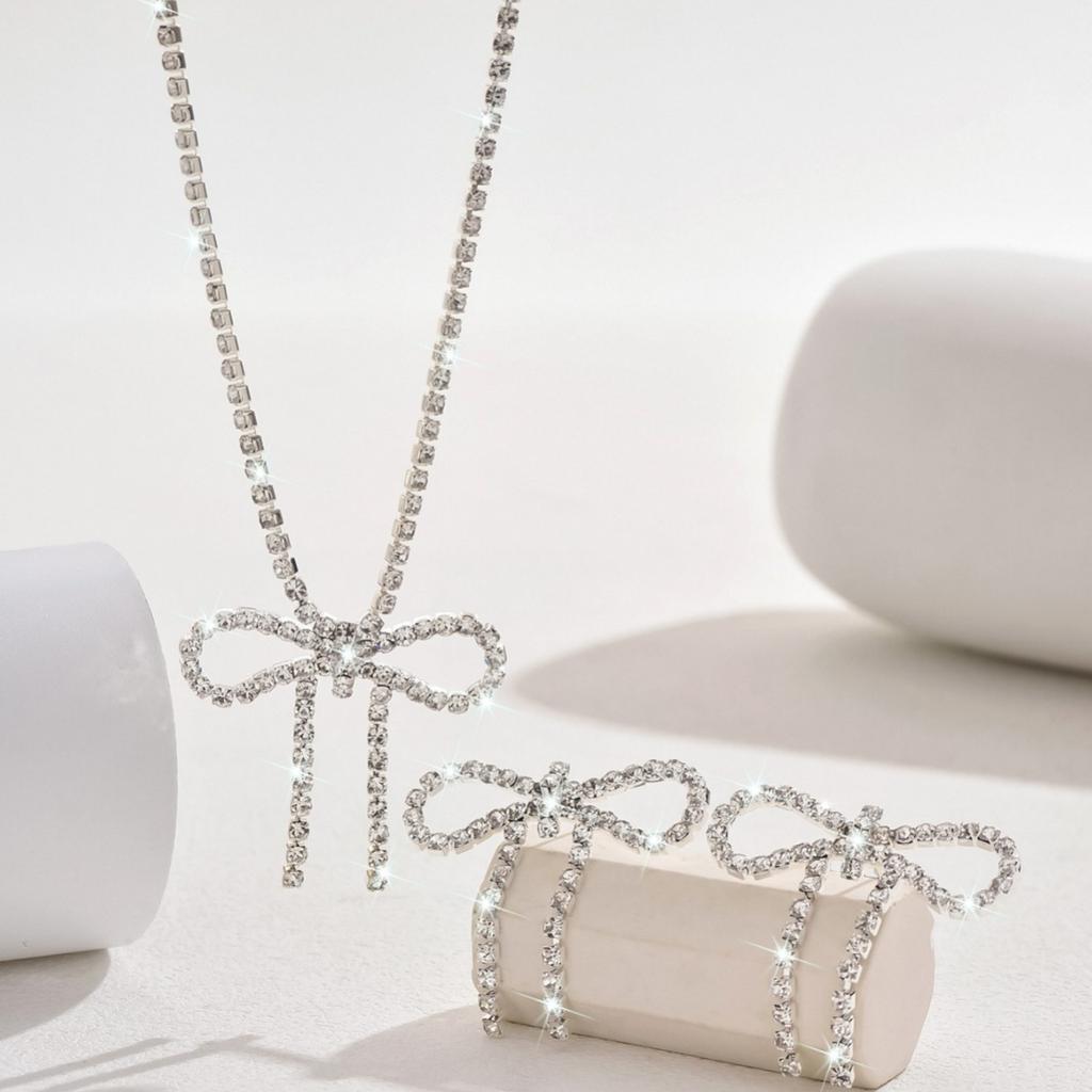 2025 New Simple Colorful Elegant Shiny Bow Earrings Necklace Set  Set  Accessories Suitable For Bridal Wedding Party Gift