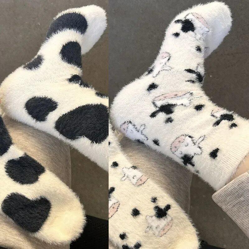 Cartoon Cute Cow Mink Velvet Socks Women Autumn Winter Soft Comfortable Mid Tube Sock Kawaii Plush Thermal Sleeping Floor Socks