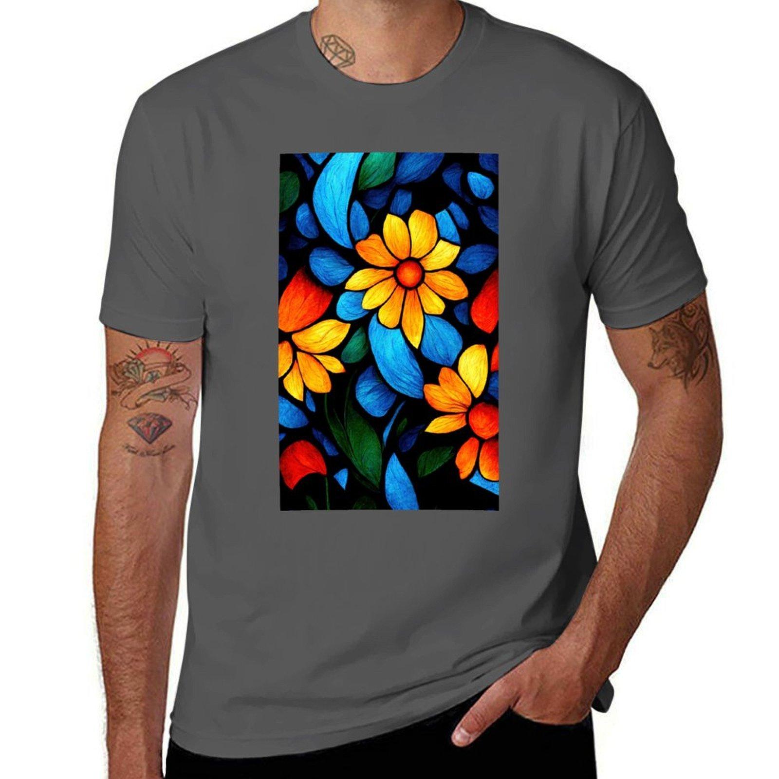 

Gorgeous yellow and blue flowers, bouquet, stained glass style T-Shirt man t shirts high quality luxury brand T-Shirt 4XL