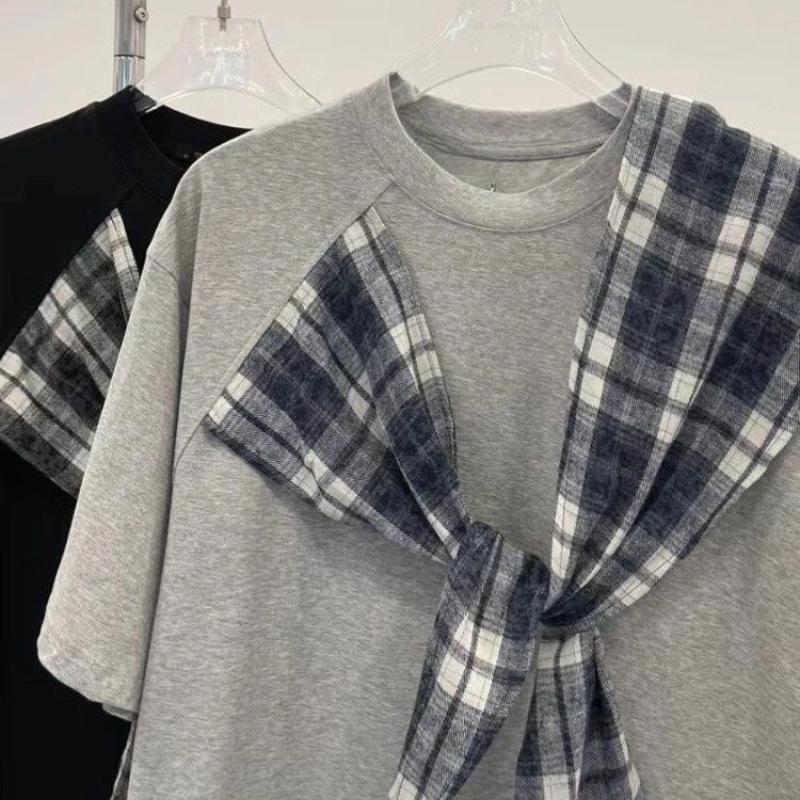 Checker Splicing Short Sleeve T-shirt for Women Loose Cotton Round Neck T-shirts Korean Style Lady's Summer Pullover Tee