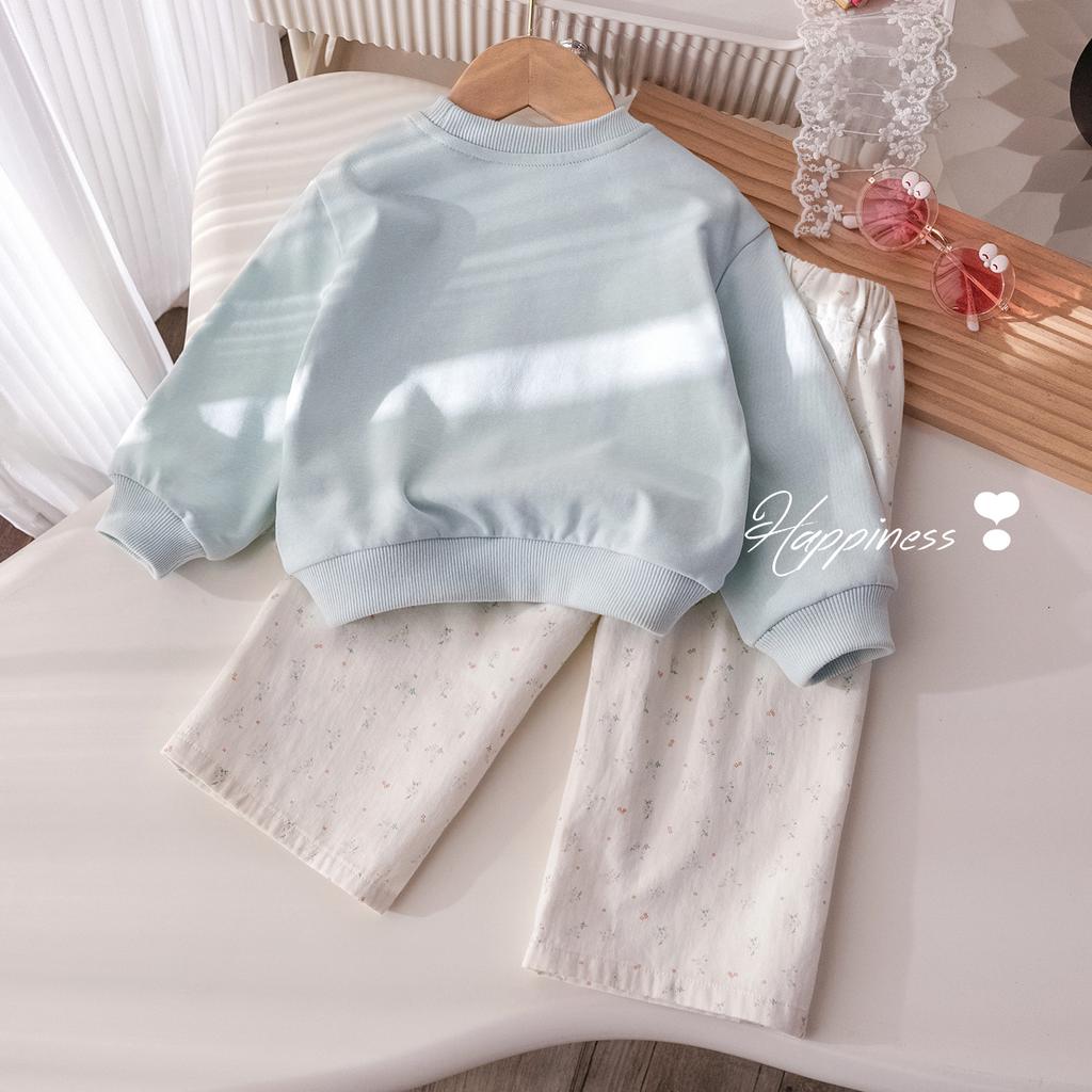 Girls' Spring and Autumn Set Sweet and Cute Embroidered Cloth Hoodie Floral Loose Straight Pants Two Piece Set