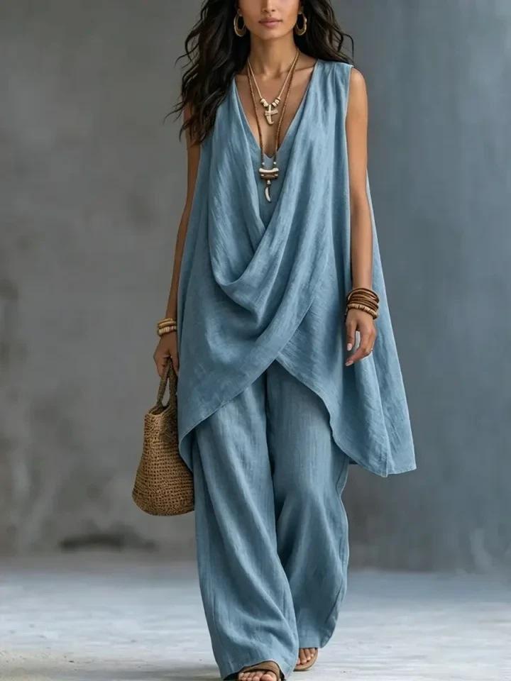 2026 spring and summer cross-border new Amazon women's sleeveless stand-up collar solid color temperament loose cotton and linen fashion style suit