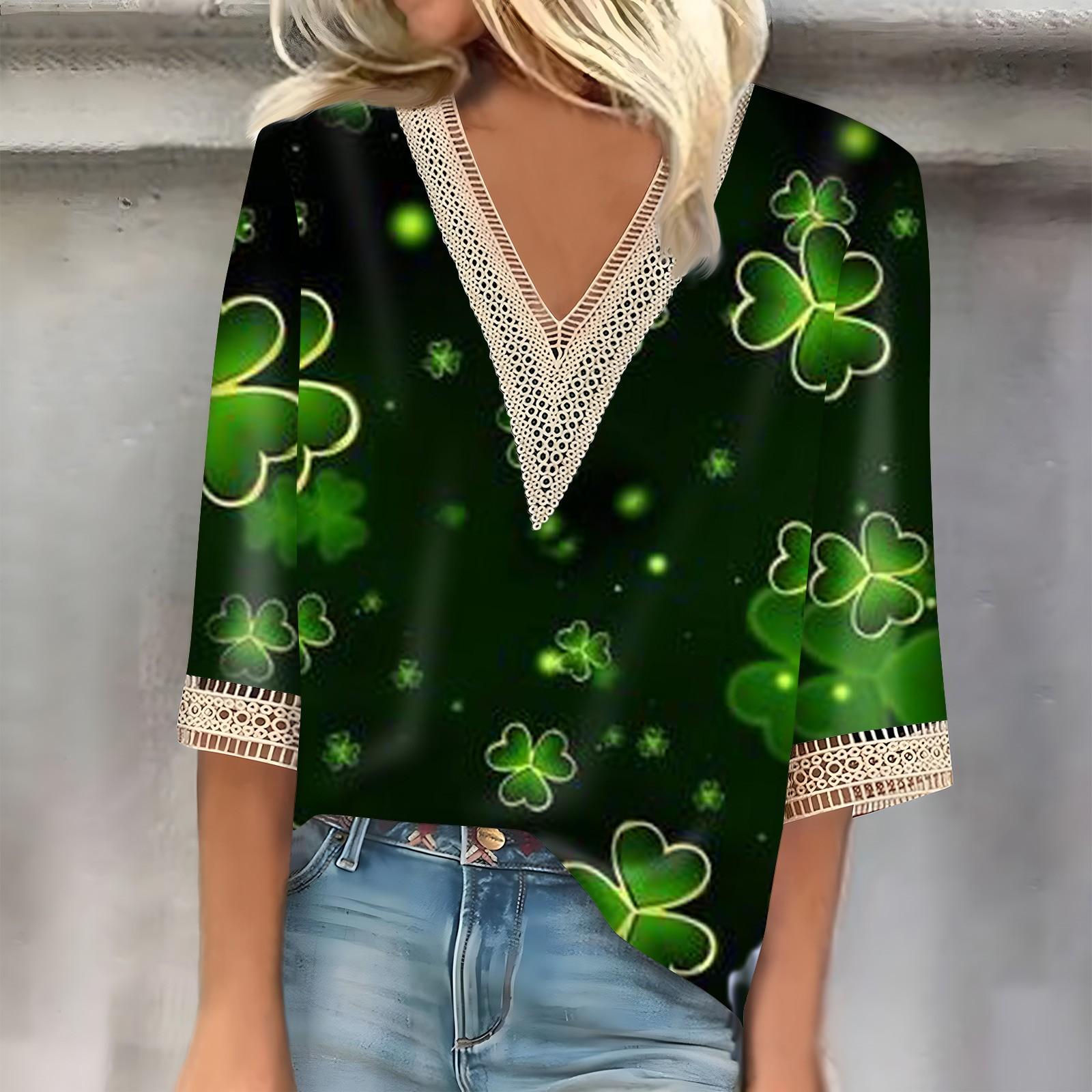 

Женский три четверти рукав кружево St. Топ с принтом ко Дню Святого Патрика Модный базовый топ с V-образным вырезом и обычным узором XL