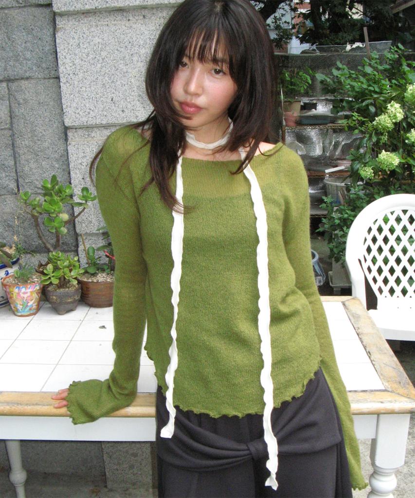 RONRON Sheer Wavy Boat Neck Knit Olive