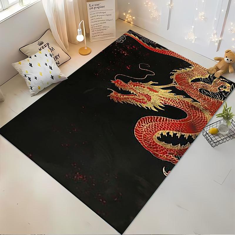 Chinese Dragon Pattern Carpet with Black Background, Bold Red Design Suitable for Use As an Anti-slip for Living Room Bedroom Sofas