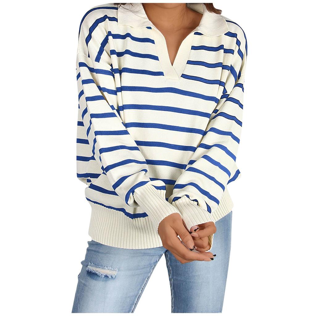 Women's Knit Long Sleeve Rib Lapel Striped Sweater Knitwear Pullover Sweaters