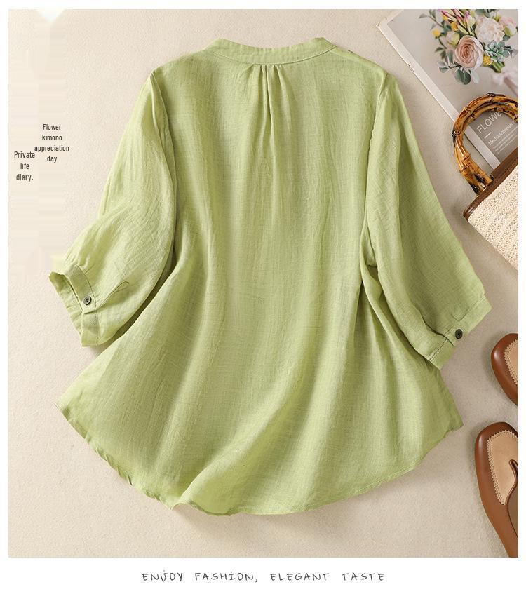 2025 Women's Retro Linen Shirt: Elegant Stand Collar, Single-Breasted, Embroidered Design