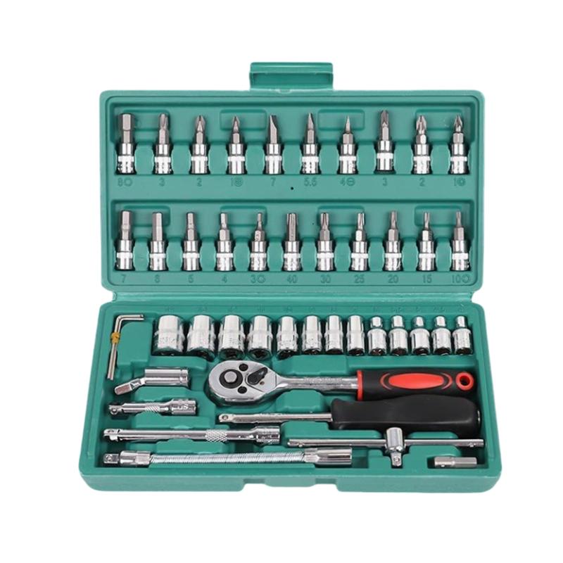 Set of 46pcs Manual Machine Auto Repair Combination Tool Sets Hand Impact Spanner 1/4" Small Socket Wrench Set