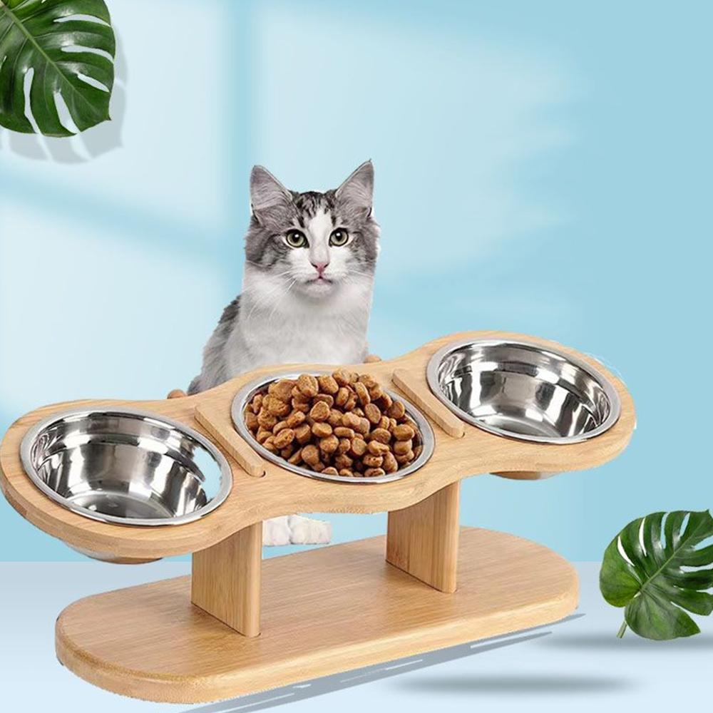 Wooden Pet Bowl Rack Anti Knock Pet Food Bowl with 3 Stainless Steel Bowls Adjustable and Detachable Suitable for Cats and Dogs