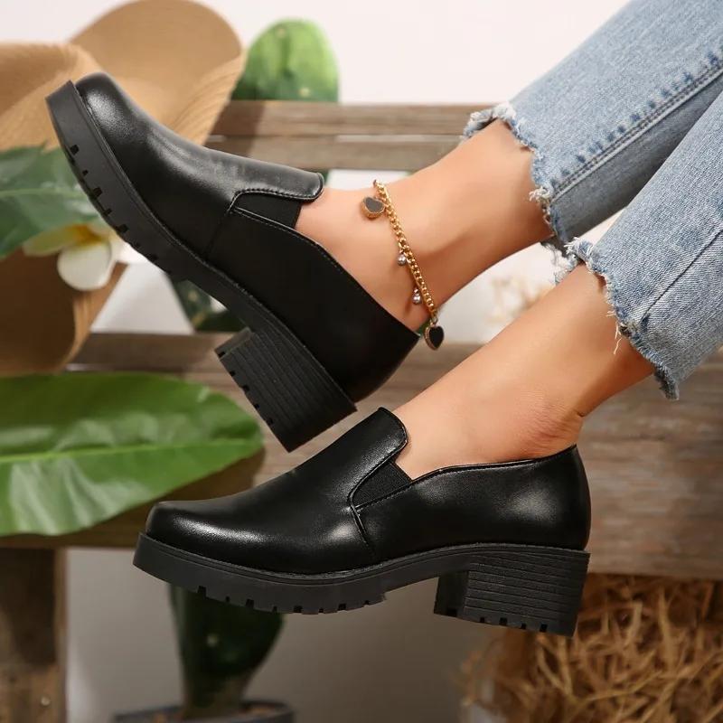 2025 New Loafers Women's High Heels Round Toe Slip On Chunky Heels Pumps for Plus Size Versatile Daily & Office Ladies Shoes