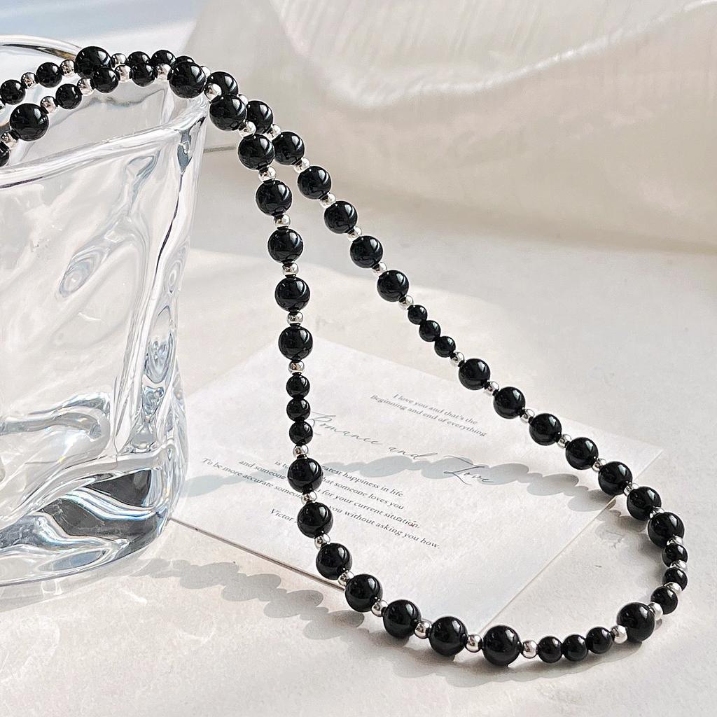 Vintage High Quality Natural Black Agate Design Sweater Chain Necklace Collarbone Chain Women