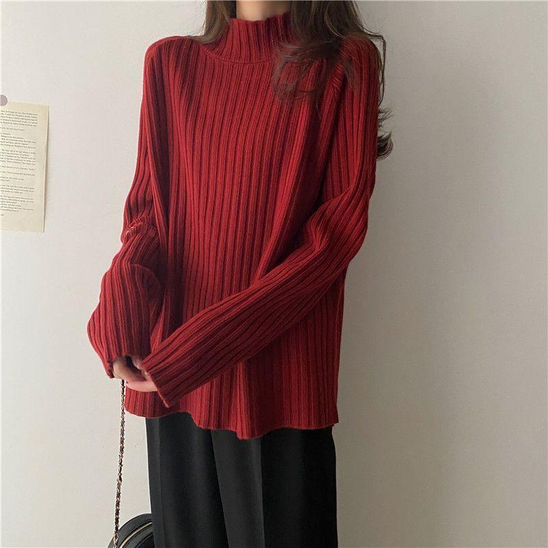 Pull à col roulé style décontracté Automne Hiver Design-orienté Lâche Épaissi Tricot Rouge Top de niche Vêtements pour femmes