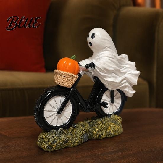 Detailed Resin Ghost Figurine Halloween Riding Motorcycle Figurine Novelty Rider Artistic Craft Statue with Pumpkin for Indoor Home Desk Tabletop