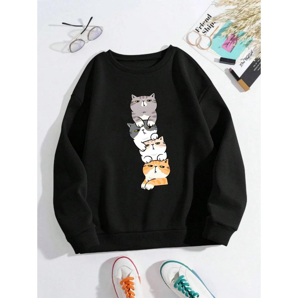 2025 Four Cats Playing On Top of Each Other Prints Hoodie Women Autumn Winter Sweatshirt Basics Pullover Casual Women Clothes