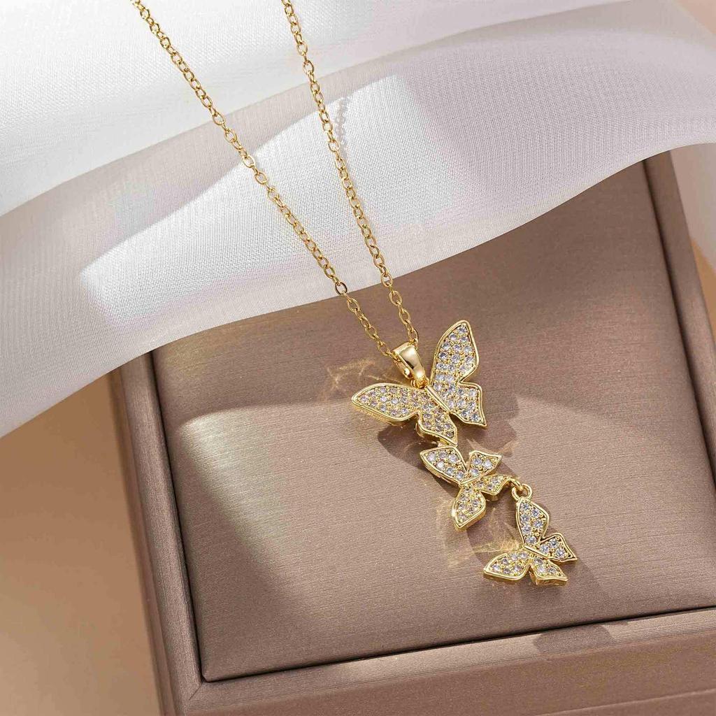 Women's Butterfly Necklace with Colored Zircon: Elegant Titanium Steel Clavicle Chain, Non-Fading, European & American Style