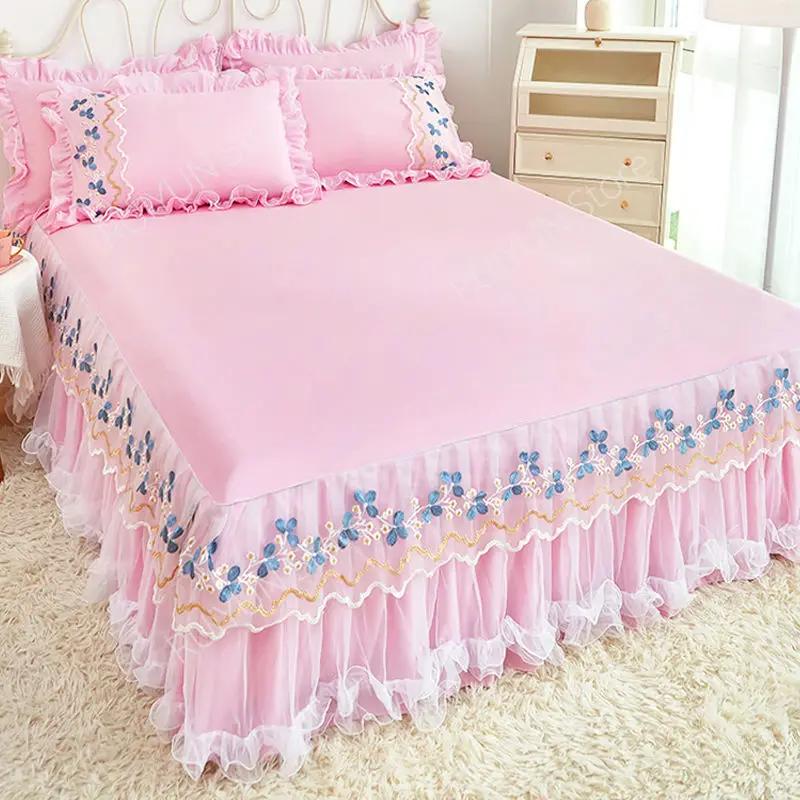 Bettrock mit Blumenstickerei aus Spitze, Prinzessinnen-Bettrock mit Rüschen, rutschfester Matratzenbezug, Schutz für Bettlaken, Bettdecke für Zuhause