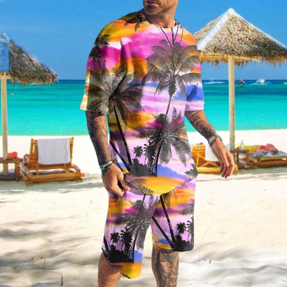 Summer Men's Sportswear Coconut Tree 3D Printed T-shirt Hawaiian Beach Shorts Set Fashionable StreetwearOversized Casual Wear Men's Clothing