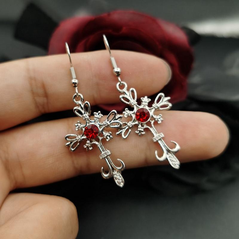 Gothic Punk trumpet Cross Earrings  Hip Hop Rock Red Oil Drip Crystal Drop Earrings for Women Fashion Jewelry Nightclub Gifts