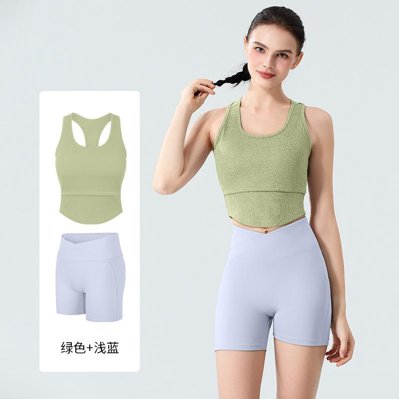 High elastic u-neck threaded yoga vest shorts fitness set summer, breathable and quick-drying badminton sportswear set women