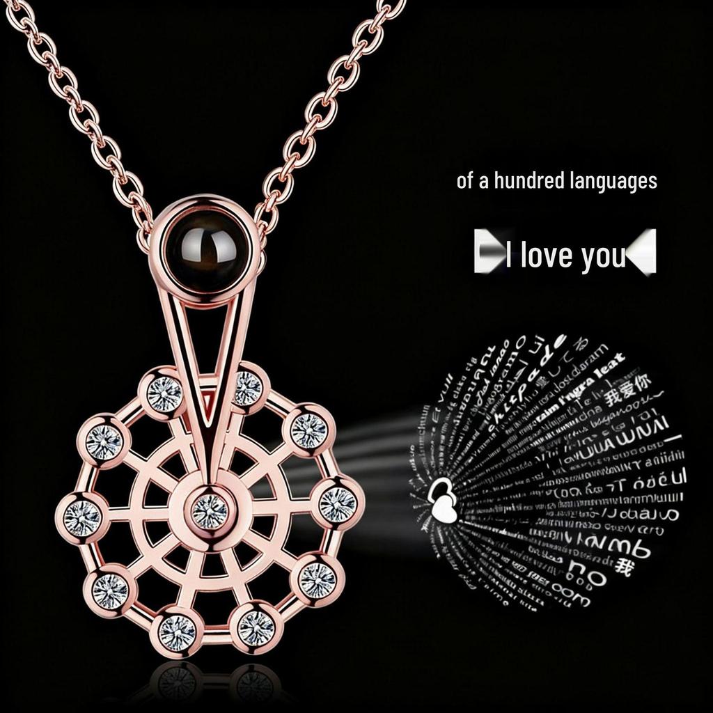 Ferris Wheel Projection Necklace: Women's Titanium Steel Clavicle Chain with Zircon, Displays 'I Love You' In 100 Languages