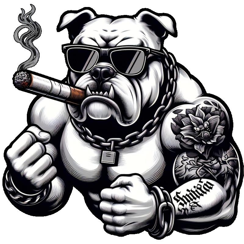 Black T Shirt with Bulldog Smoking Cigar Tattoo Design for Casual Streetwear Style