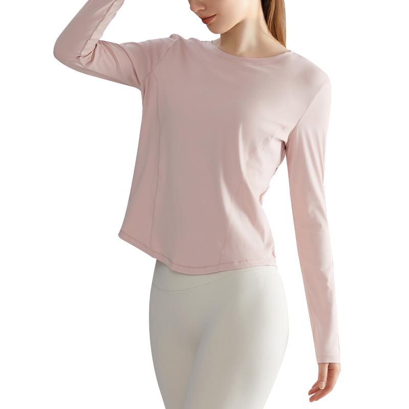 Chuandun Women's Slim Fit Quick-Dry Yoga Top - Long Sleeve, Breathable, Round Neck, Curved Hem
