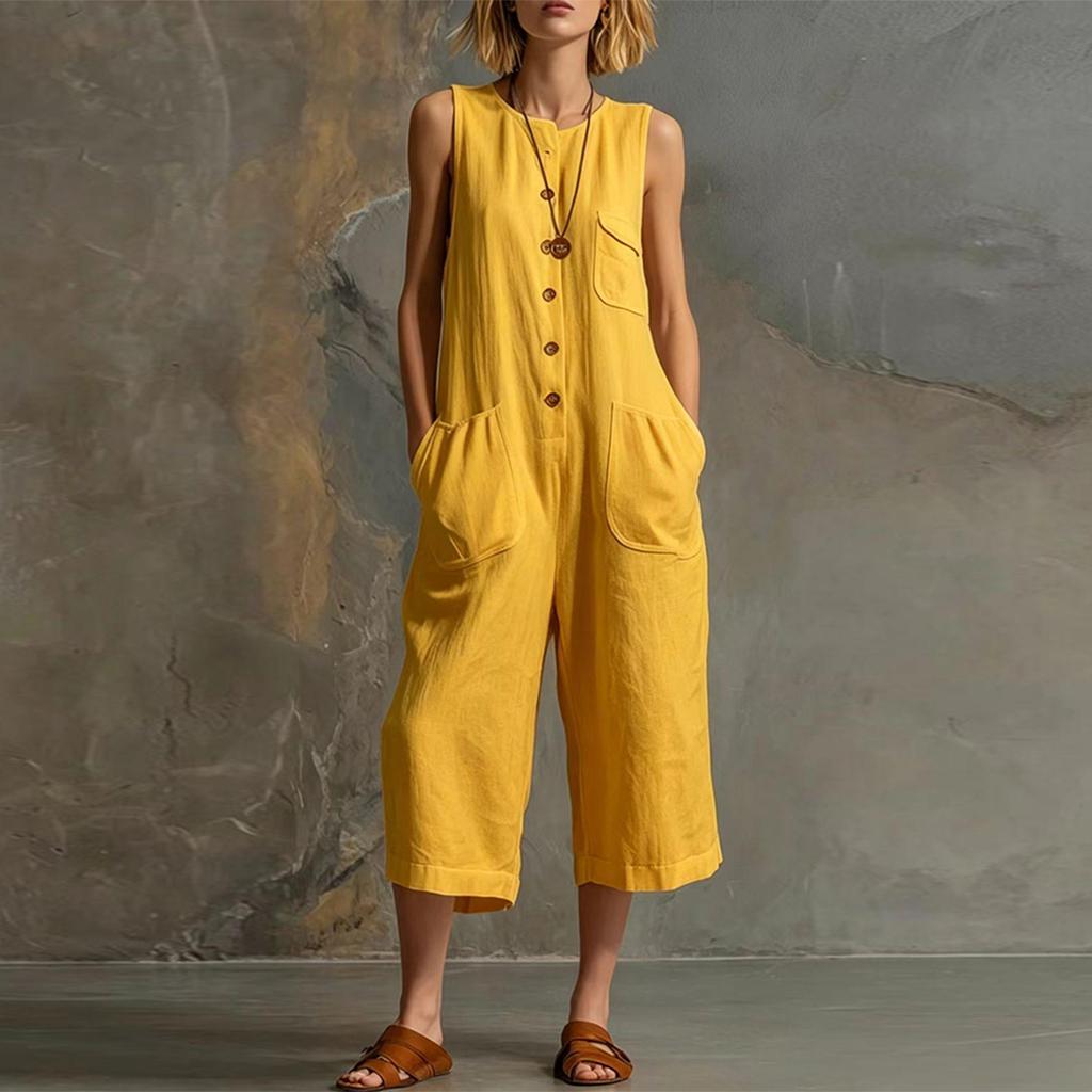 Women's Fashionable Color Button Sleeveless Pocket Casual Retro Wide Leg Seven Part Jumpsuit