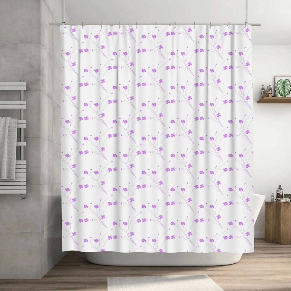 Purple Flowers Shower Curtain Printed Water Repellent Bath Room Decor Waterproof Plastic Fabric White Background