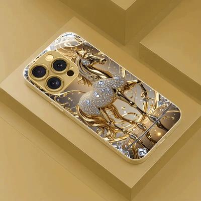 Luxe telefoonhoesje van glas met diamant-paardenpatroon en goudkleurige metallic lak voor iPhone 17 16 15 14 13 12 11 Pro Max Plus 17 Air 16E.