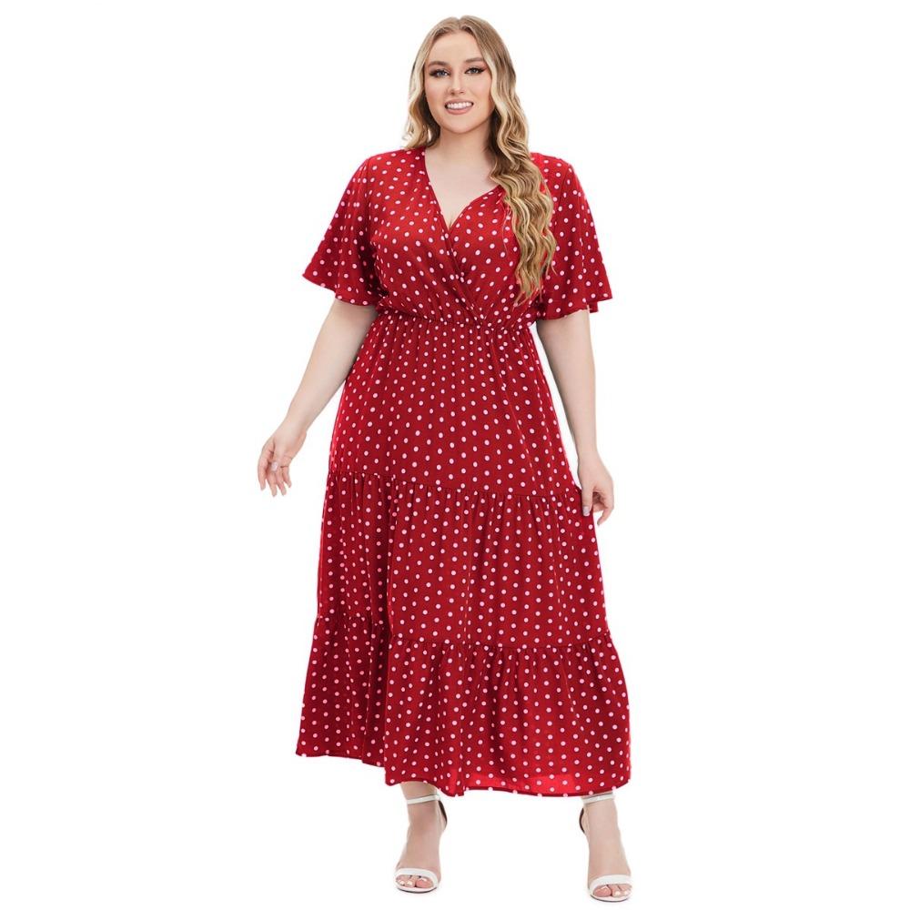Sommerliches Polka Dot-Kleid in Übergröße mit V-Ausschnitt und kurzen Ärmeln im europäischen und amerikanischen Stil