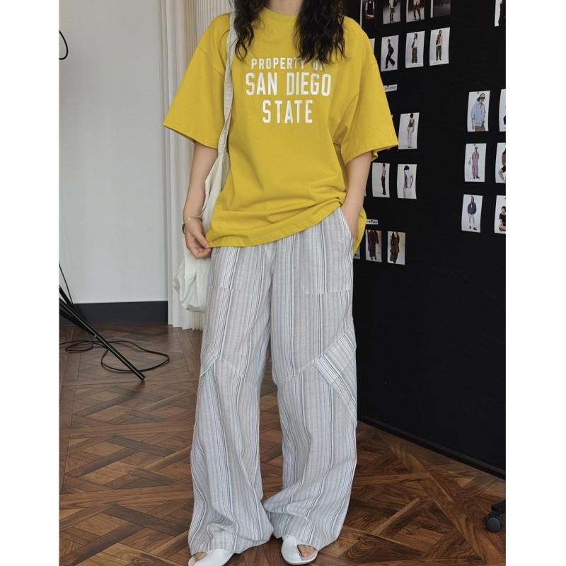 Johnature Summer Korean Lazy Retro Striped Women Pants Straight Drape Casual Full Length Pants