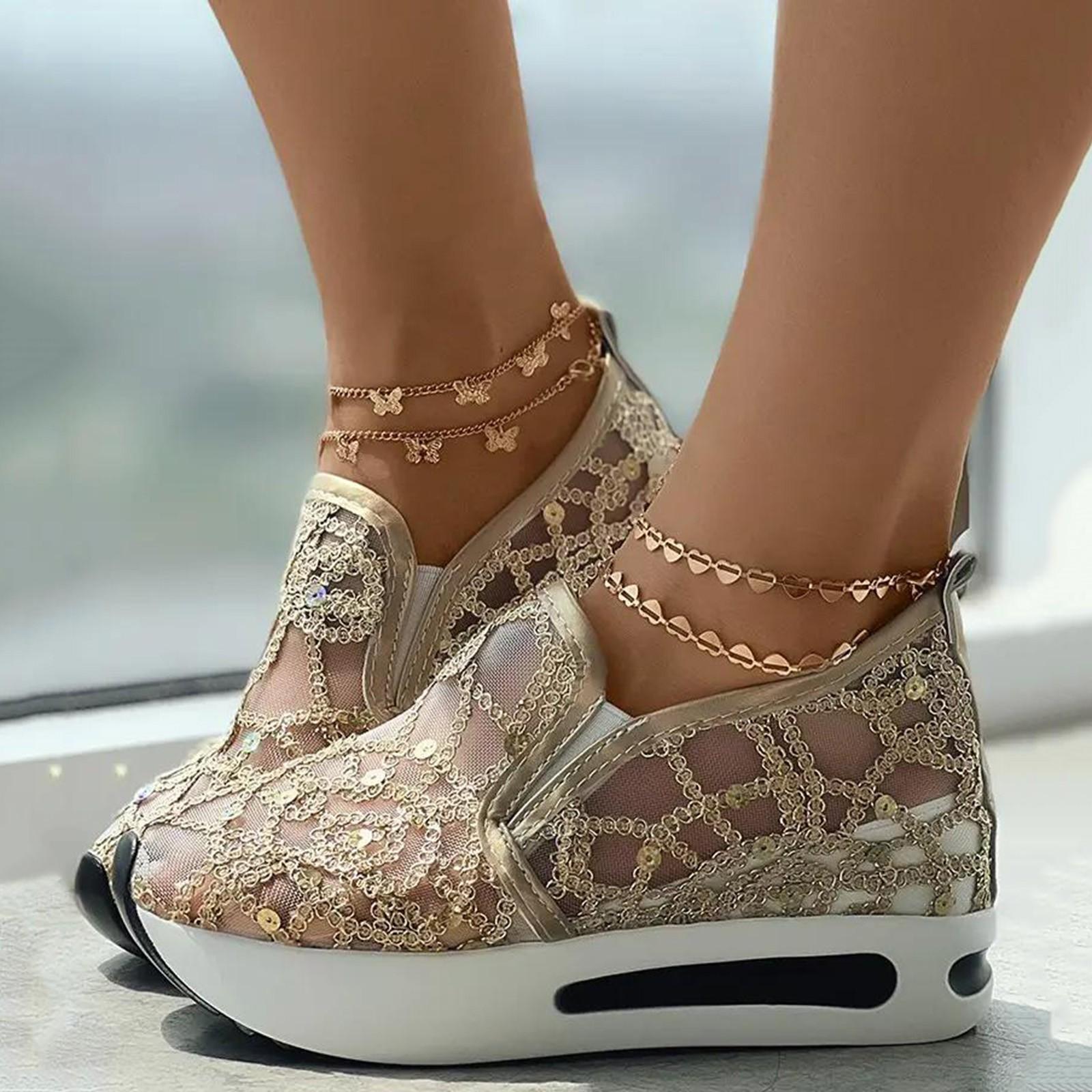 

Women Shoes Comfortable Soft Soled Casual Shoes Fashionable Outdoor Breathable Lace Mesh Casual Shoes Boots Womens Shoes 36 золотой