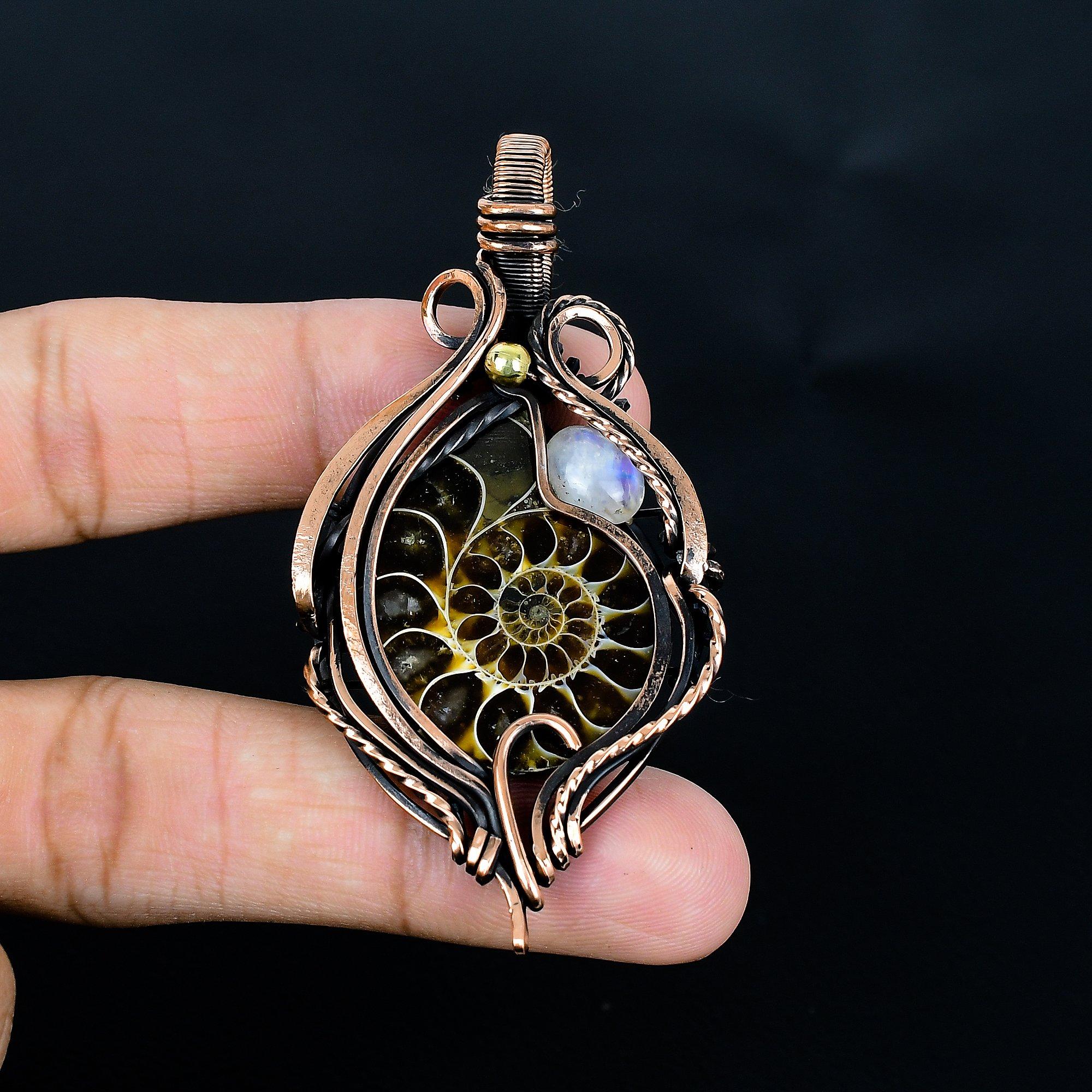 

Ammonite Fossil & Rainbow Moonstone 999 Copper Wire Wrapped Pendant, Handmade Gemstone Jewelry Pendant For Memorial Day 2.55 Inches